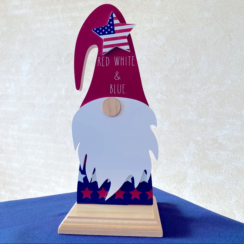 Rae Dunn RED WHITE & BLUE American Flag Star Patriotic Wood Gnome Decor NEW!!